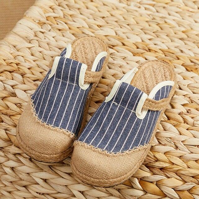Women’s Handmade Embroidered Linen Mules Retro Flat Espadrilles