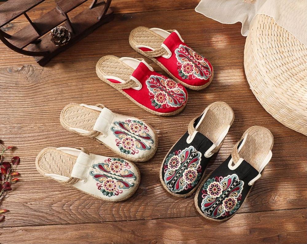 Women’s Handmade Embroidered Linen Mules Retro Flat Espadrilles