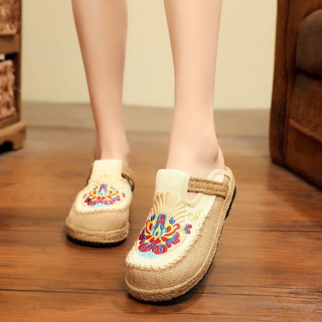 Women’s Handmade Embroidered Linen Mules Retro Flat Espadrilles