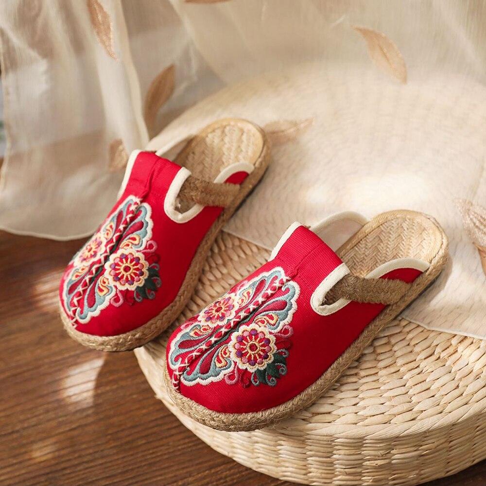 Women’s Handmade Embroidered Linen Mules Retro Flat Espadrilles