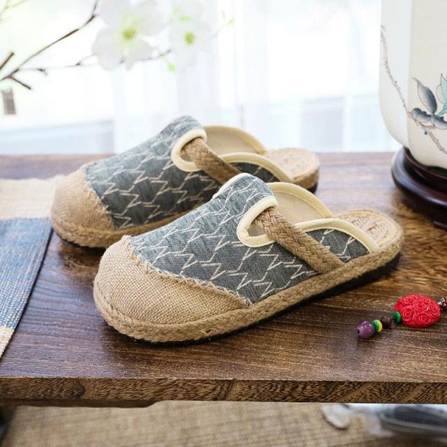 Women’s Handmade Embroidered Linen Mules Retro Flat Espadrilles