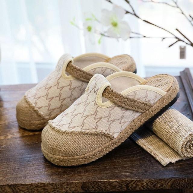 Women’s Handmade Embroidered Linen Mules Retro Flat Espadrilles