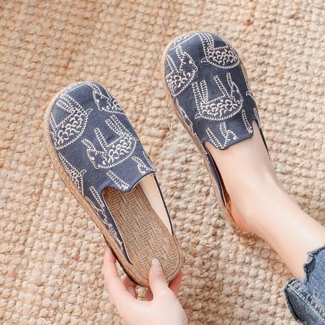 Women’s Handmade Embroidered Linen Mules Retro Flat Espadrilles
