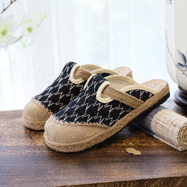 Women’s Handmade Embroidered Linen Mules Retro Flat Espadrilles