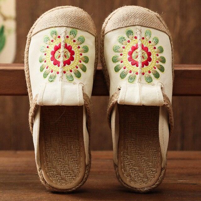 Women’s Handmade Embroidered Linen Mules Retro Flat Espadrilles