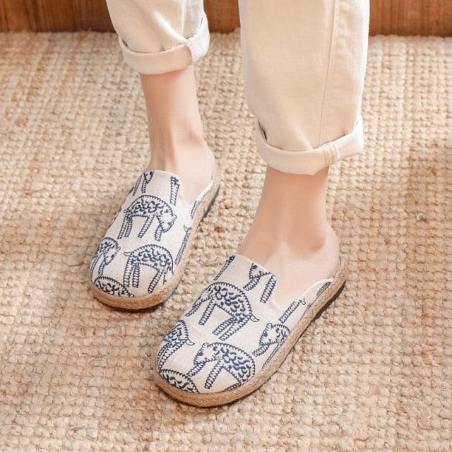Women’s Handmade Embroidered Linen Mules Retro Flat Espadrilles