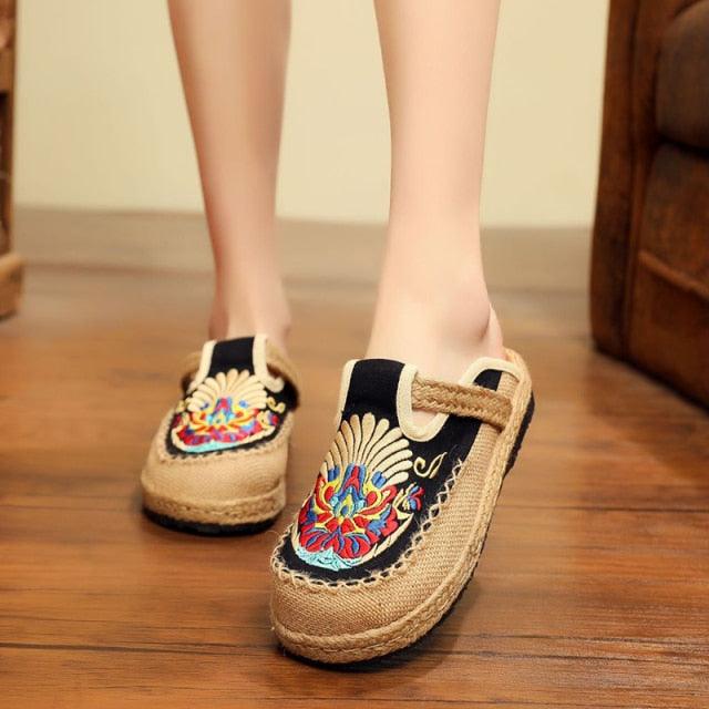Women’s Handmade Embroidered Linen Mules Retro Flat Espadrilles