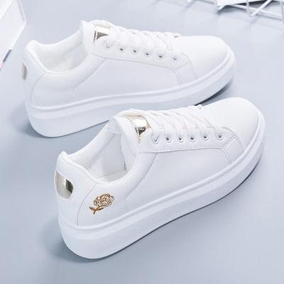 Women's Embroidered White Sneakers Floral PU Leather Low Top Shoes