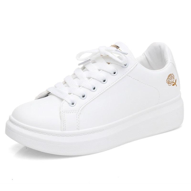 Women's Embroidered White Sneakers Floral PU Leather Low Top Shoes