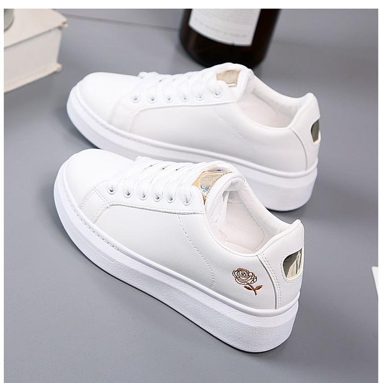 Women's Embroidered White Sneakers Floral PU Leather Low Top Shoes