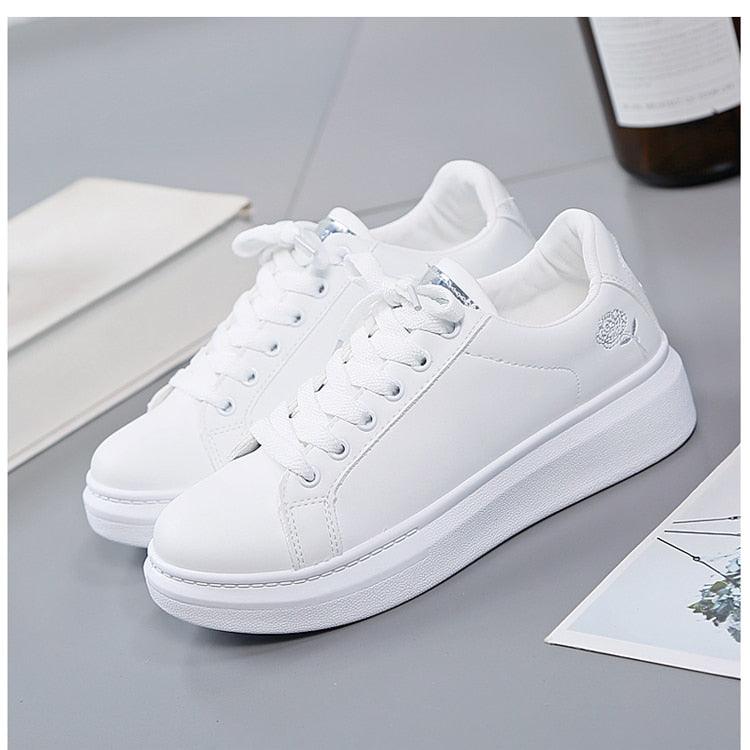 Women's Embroidered White Sneakers Floral PU Leather Low Top Shoes