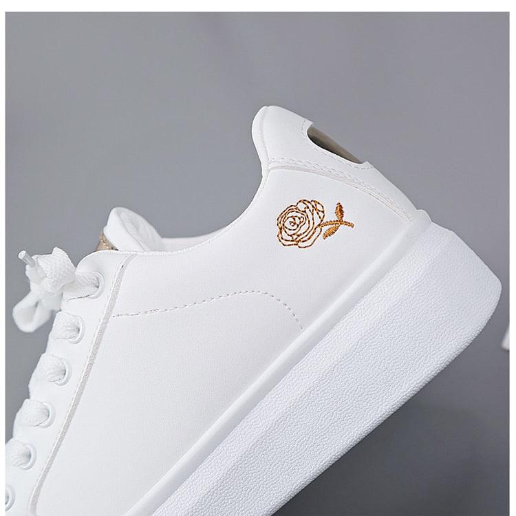Women's Embroidered White Sneakers Floral PU Leather Low Top Shoes