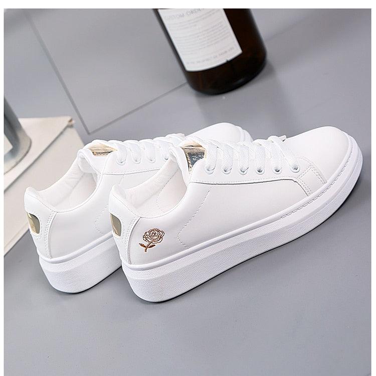 Women's Embroidered White Sneakers Floral PU Leather Low Top Shoes