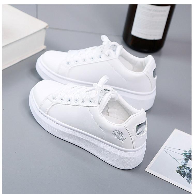 Women's Embroidered White Sneakers Floral PU Leather Low Top Shoes