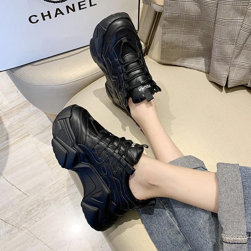 Women Chunky Platform Sneakers Lace-Up Casual Vulcanized Shoes