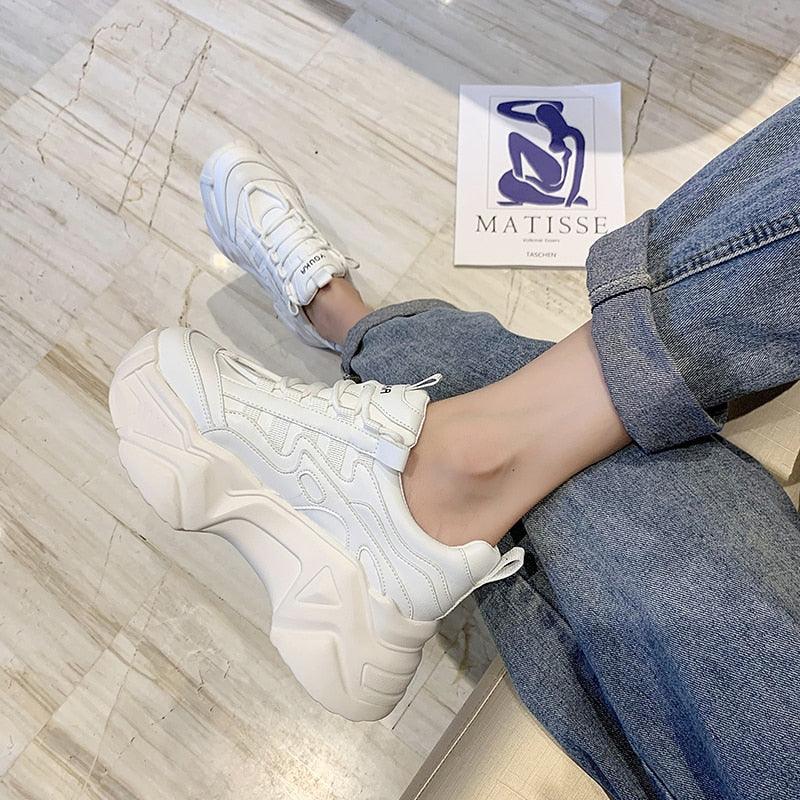 Women Chunky Platform Sneakers Lace-Up Casual Vulcanized Shoes
