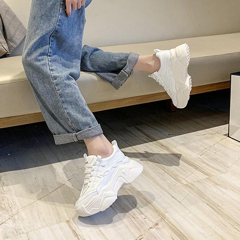 Women Chunky Platform Sneakers Lace-Up Casual Vulcanized Shoes