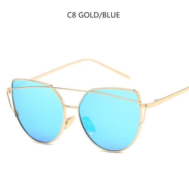 Rose Gold Cat Eye Sunglasses with Mirror Lenses - Vintage Style