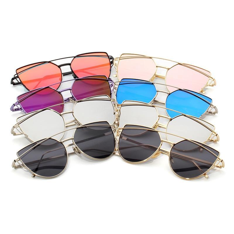 Rose Gold Cat Eye Sunglasses with Mirror Lenses - Vintage Style
