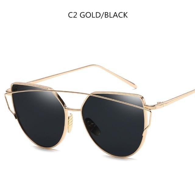 Rose Gold Cat Eye Sunglasses with Mirror Lenses - Vintage Style