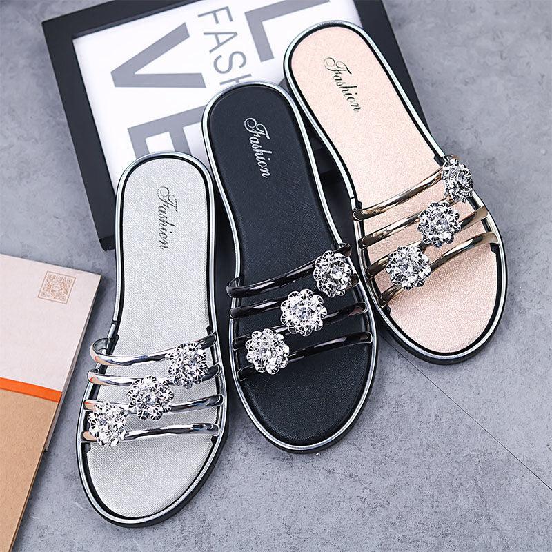 Women's Crystal T-Strap Thong Sandals Glitter Flat Beach Slides