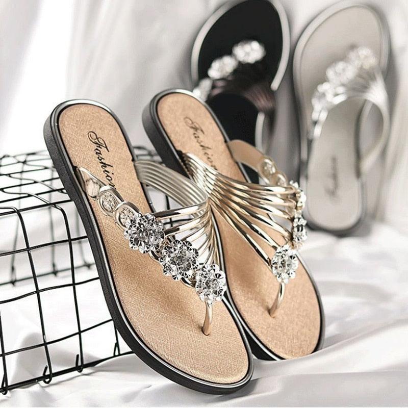 Women's Crystal T-Strap Thong Sandals Glitter Flat Beach Slides