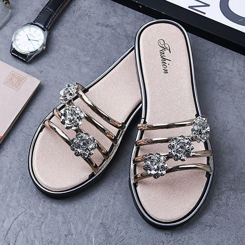 Women's Crystal T-Strap Thong Sandals Glitter Flat Beach Slides