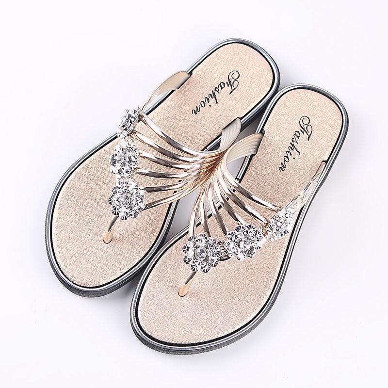 Women's crystal embellished T-strap thong sandals with rhinestone glitter details