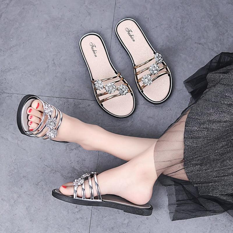 Women's Crystal T-Strap Thong Sandals Glitter Flat Beach Slides