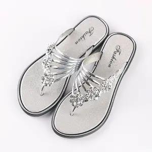 Women's Crystal T-Strap Thong Sandals Glitter Flat Beach Slides