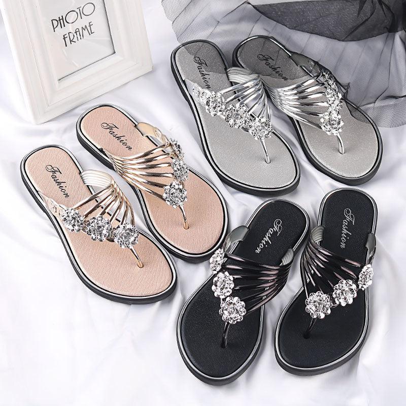 Women's Crystal T-Strap Thong Sandals Glitter Flat Beach Slides