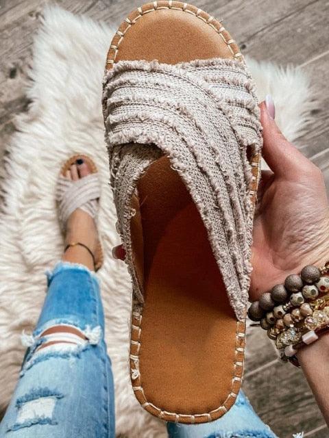 Women’s Knotted Canvas Flat Sandals - Coastal Bohemian Slides