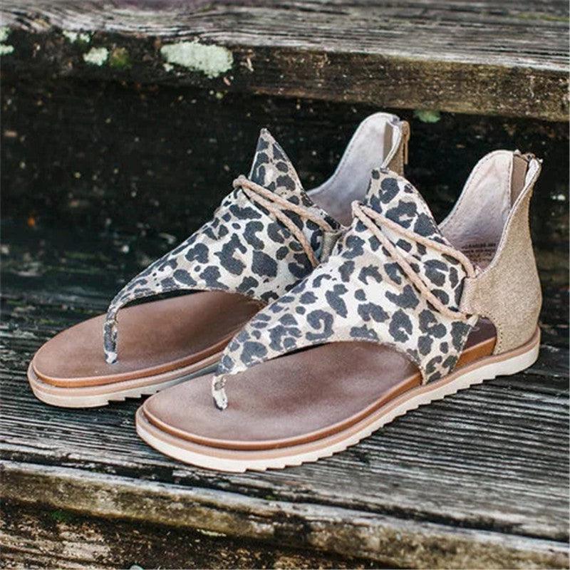 Women's Leopard Snake Print T-Strap Flat Sandals with Zipper