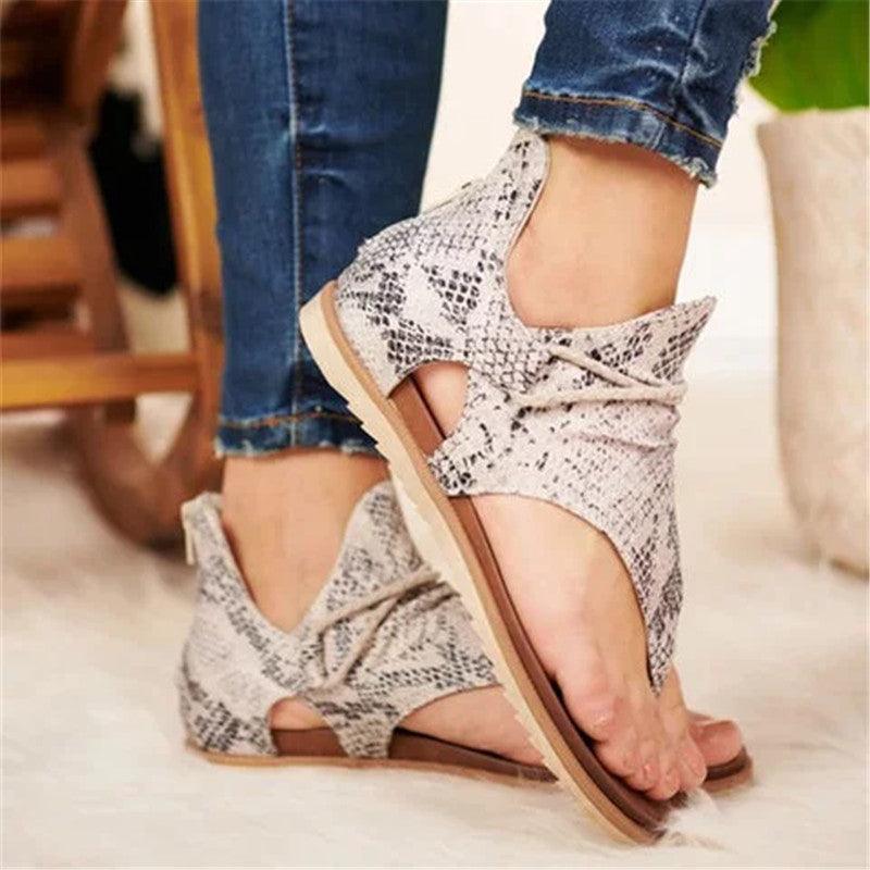 Women's Leopard Snake Print T-Strap Flat Sandals with Zipper