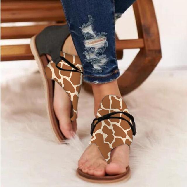Women's Leopard Snake Print T-Strap Flat Sandals with Zipper