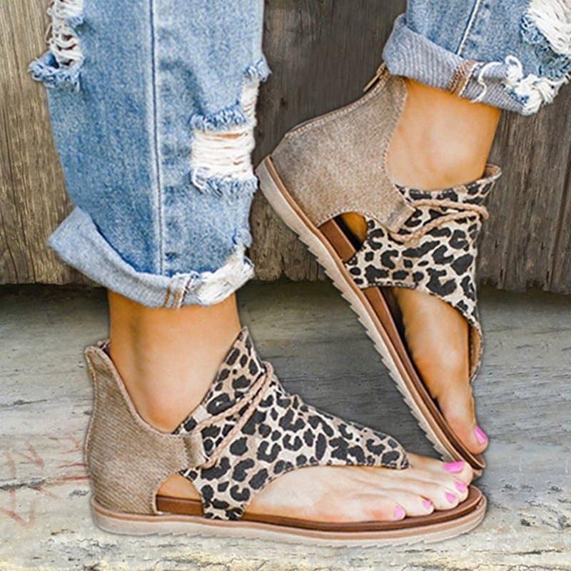 Women's Leopard Snake Print T-Strap Flat Sandals with Zipper