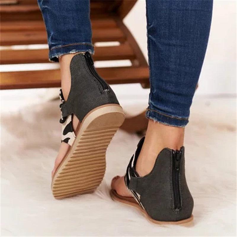 Women's Leopard Snake Print T-Strap Flat Sandals with Zipper