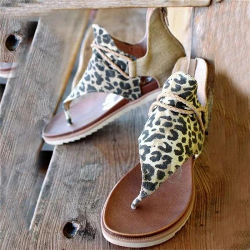 Women's Leopard Snake Print T-Strap Flat Sandals with Zipper
