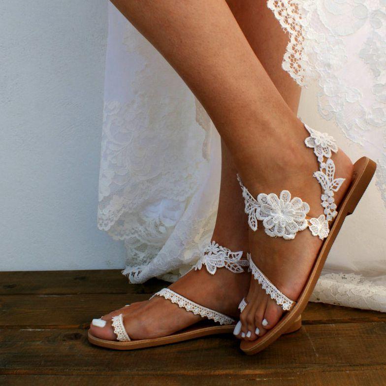 Bohemian Lace Floral Flat Sandals with Rhinestone Detail