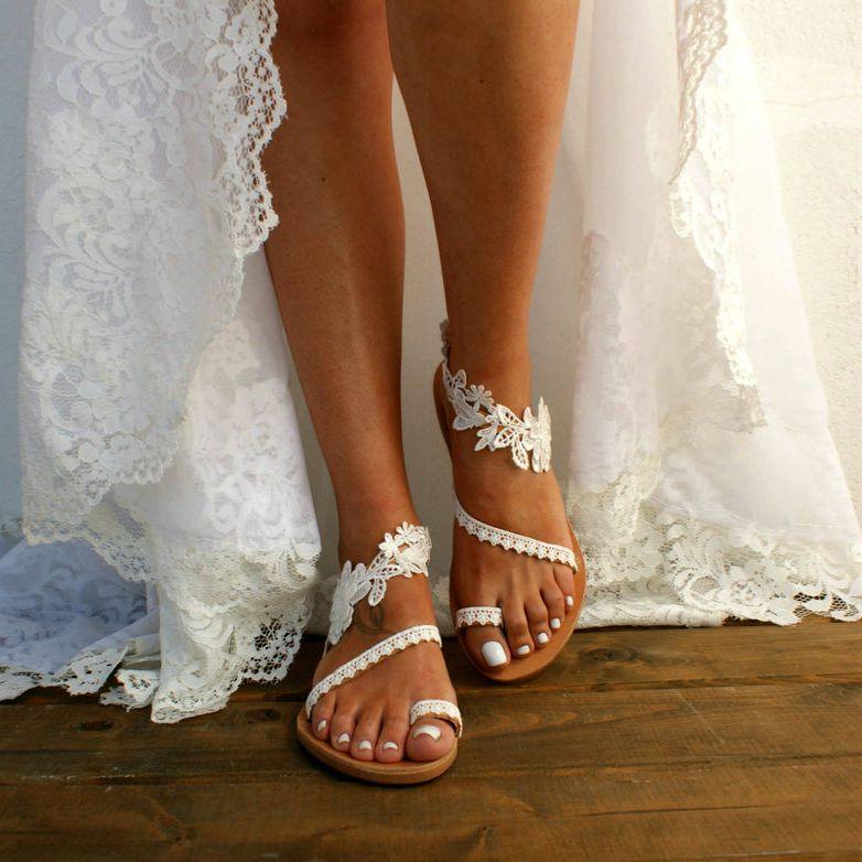 Bohemian Lace Floral Flat Sandals with Rhinestone Detail