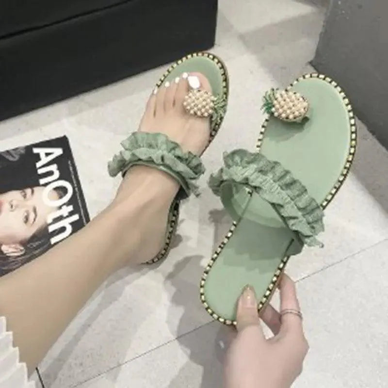 Women’s Yellow Pineapple Flat Sandals - Comfortable Summer Slip-Ons