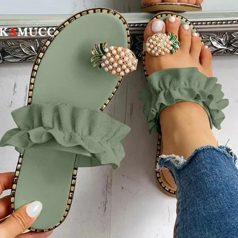Women’s Yellow Pineapple Flat Sandals - Comfortable Summer Slip-Ons