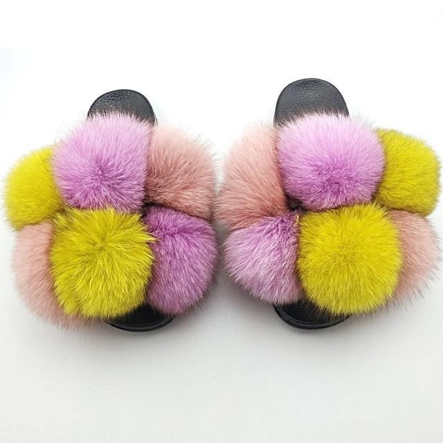 Women’s Faux Fur Slides, Glamorous Fluffy Open Toe House Sandals