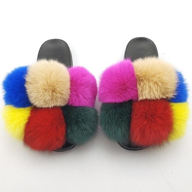 Women’s Faux Fur Slides, Glamorous Fluffy Open Toe House Sandals