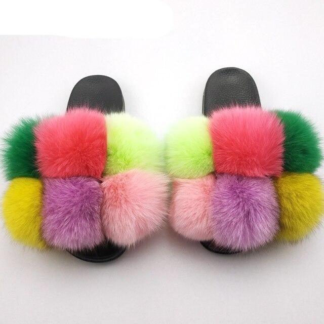 Women’s Faux Fur Slides, Glamorous Fluffy Open Toe House Sandals