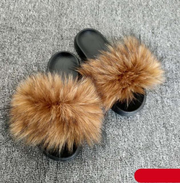 Women’s Faux Fur Slides, Glamorous Fluffy Open Toe House Sandals
