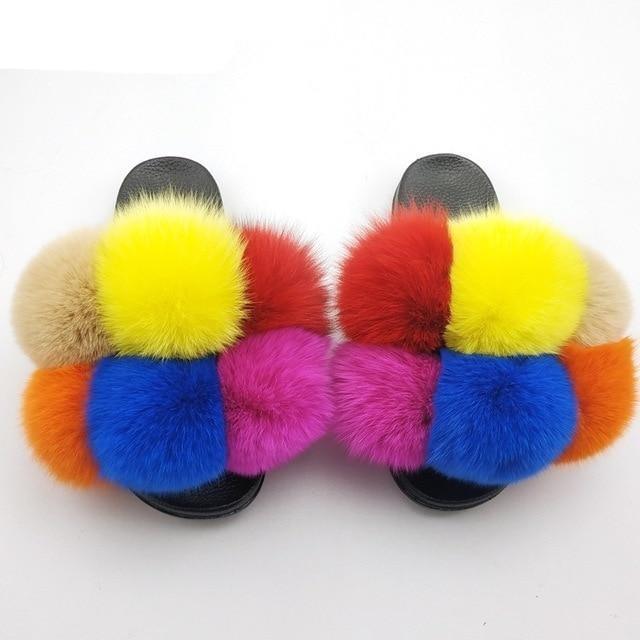 Women’s Faux Fur Slides, Glamorous Fluffy Open Toe House Sandals