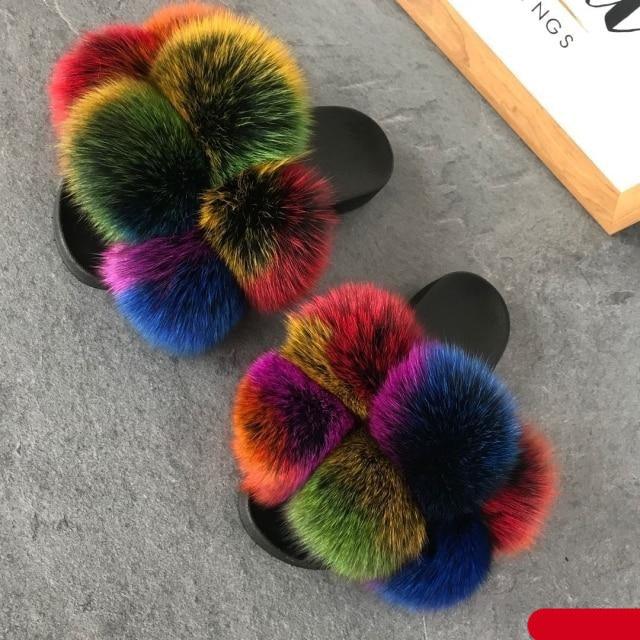 Women’s Faux Fur Slides, Glamorous Fluffy Open Toe House Sandals