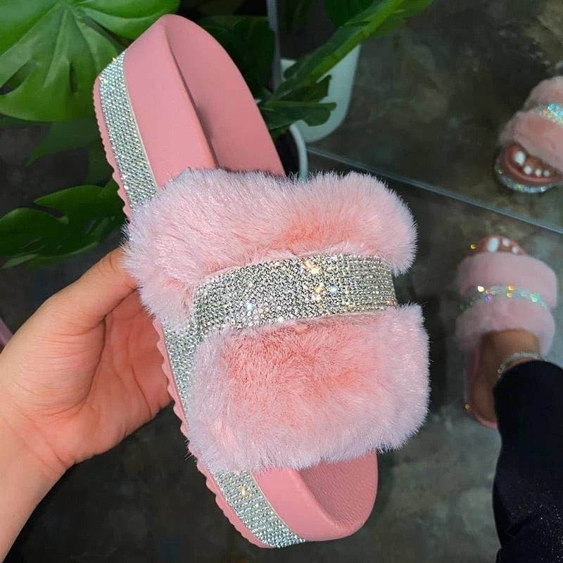 Glitter Fluffy Arch Support Slippers Women's Casual House Slides
