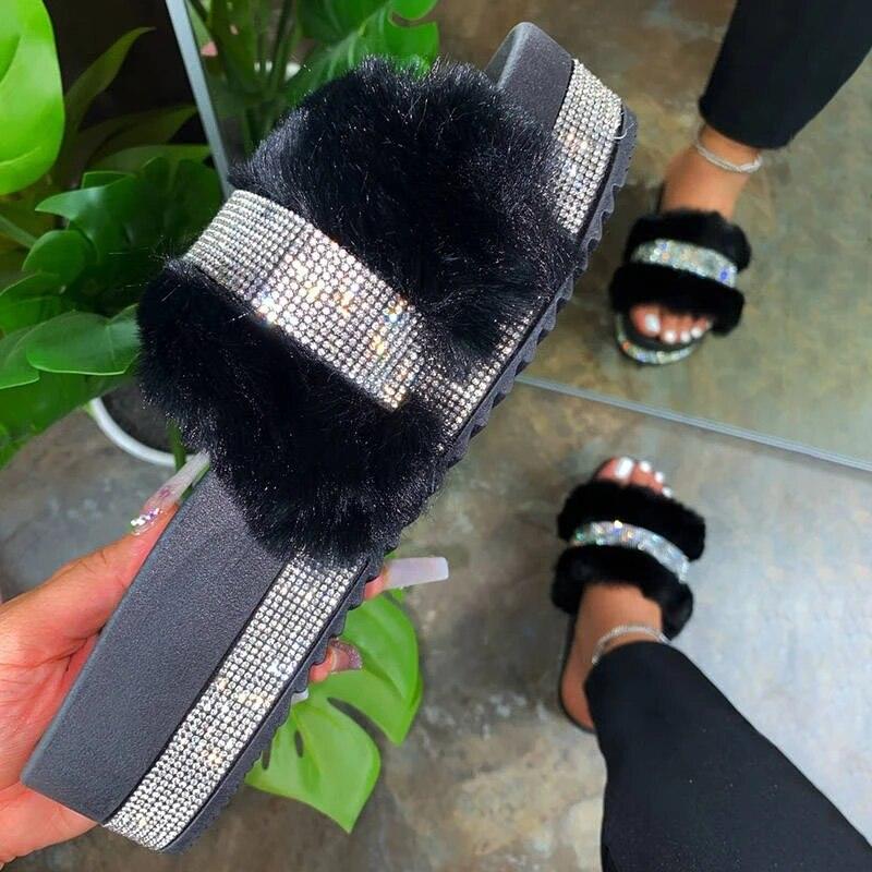 Glitter Fluffy Arch Support Slippers Women's Casual House Slides